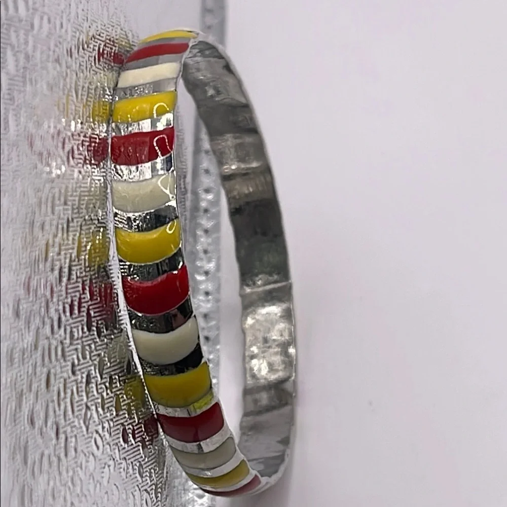 Vintage striped enamel Colorful Silvertone Bangle Bracelet yellow red cream